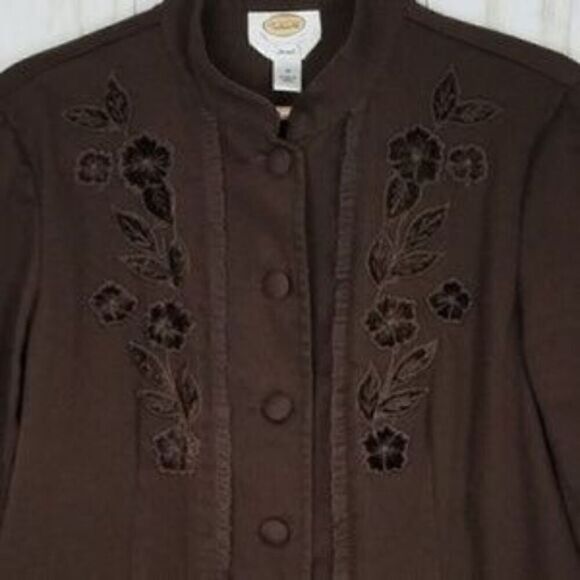 Talbots Chocolate Brown Stretch Embroidered Ruffle Jacket - Picture 2 of 5